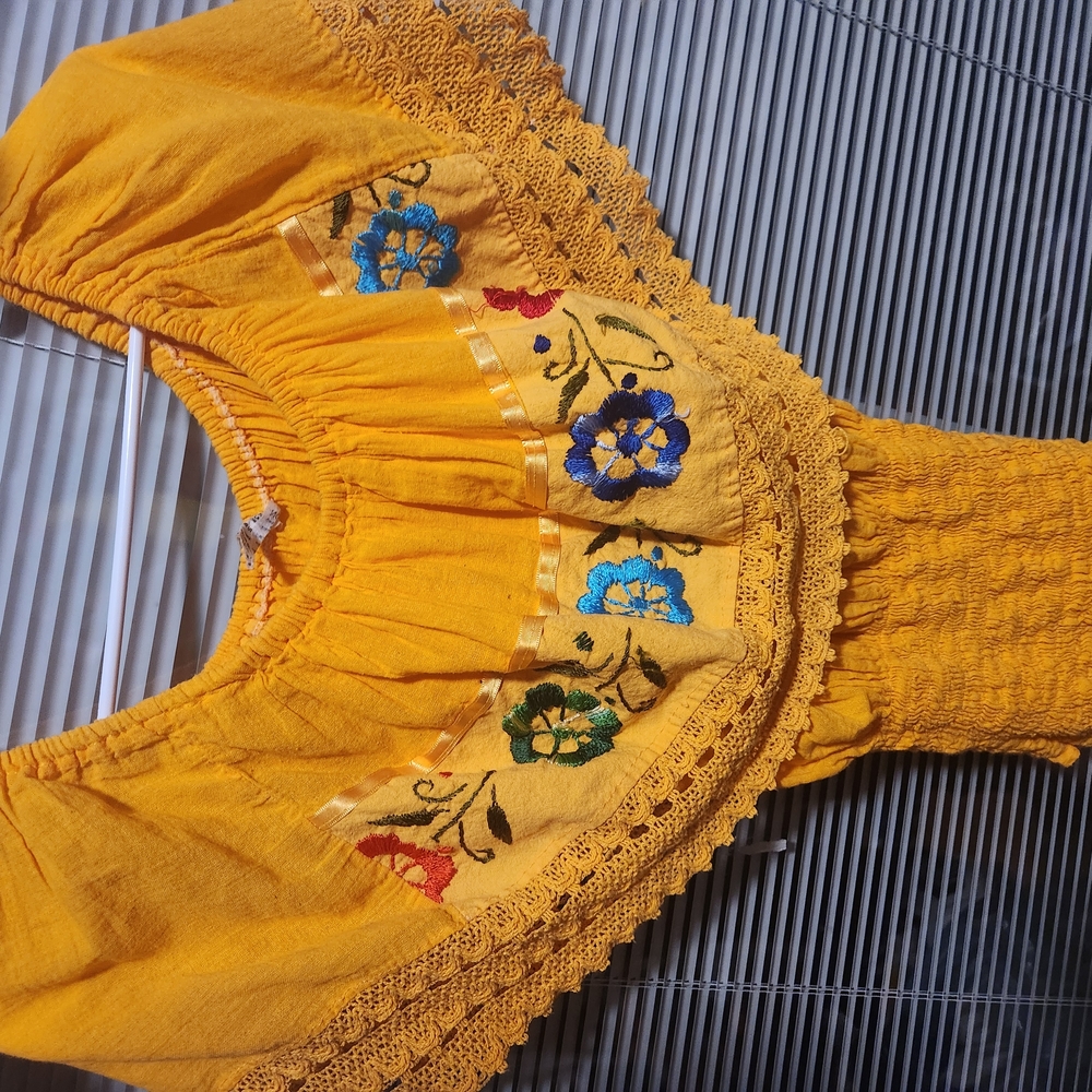 Yellow Smocked Cap Sleeve Blouse with Embellishments
